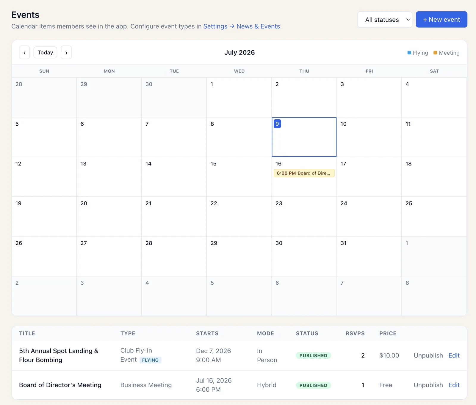 Hobbs events calendar with fly-ins and meetings, RSVPs, and pricing